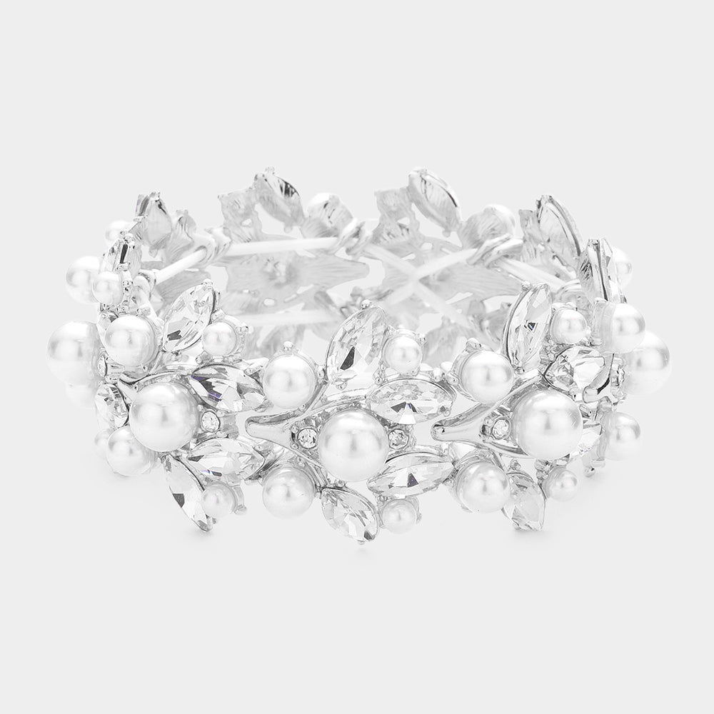 Madeline Love Silver Pearl Embellished Marquise Stone Leaf Stretch Evening Bracelet - Bracelets