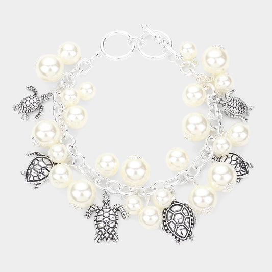 Madeline Love Antique Silver, Cream Antique Metal Turtle Charm Station Pearl Toggle Bracelet - Bracelets