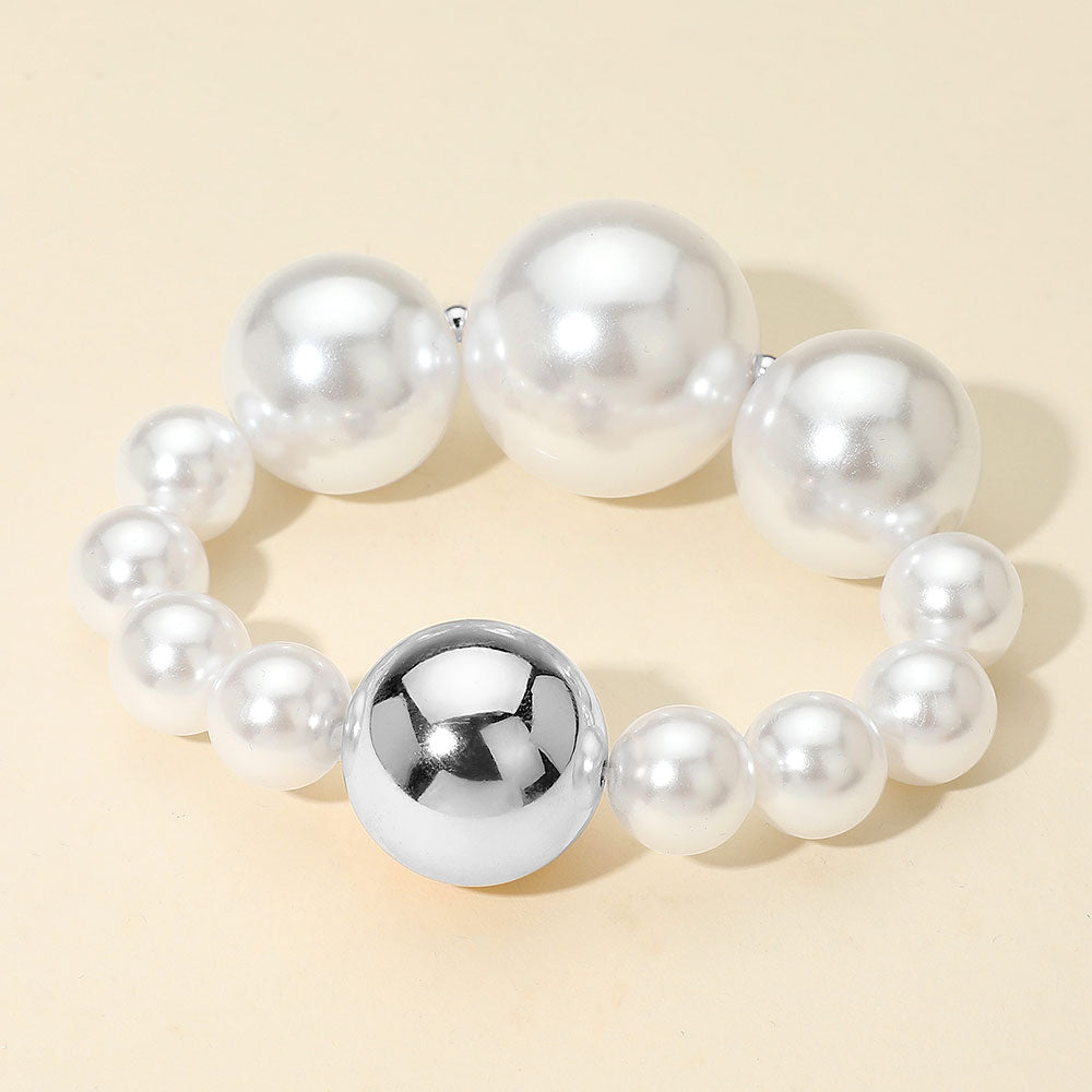 Madeline Love Rhodium Chunky Metal Ball Accent Pearl Beaded Stretch Bracelet - Bracelets