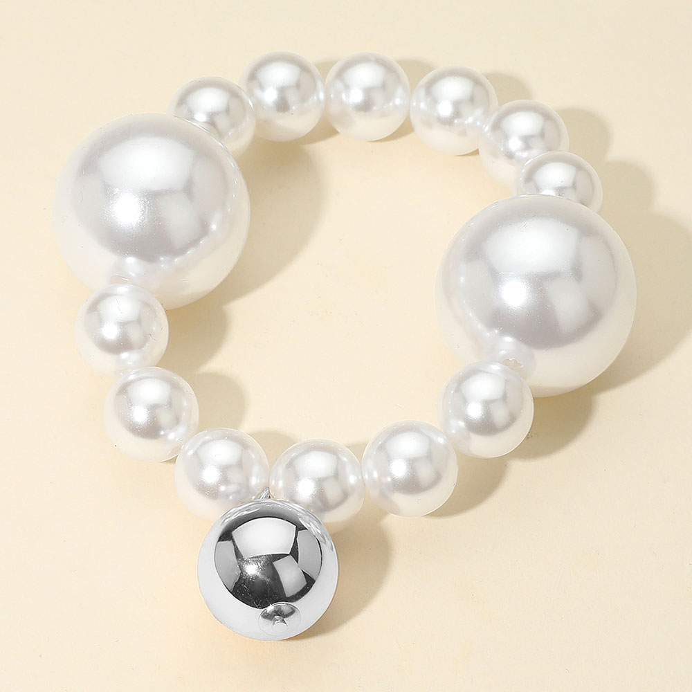 Madeline Love Rhodium Bold Metal Ball Charm Pearl Beaded Stretch Bracelet - Bracelets