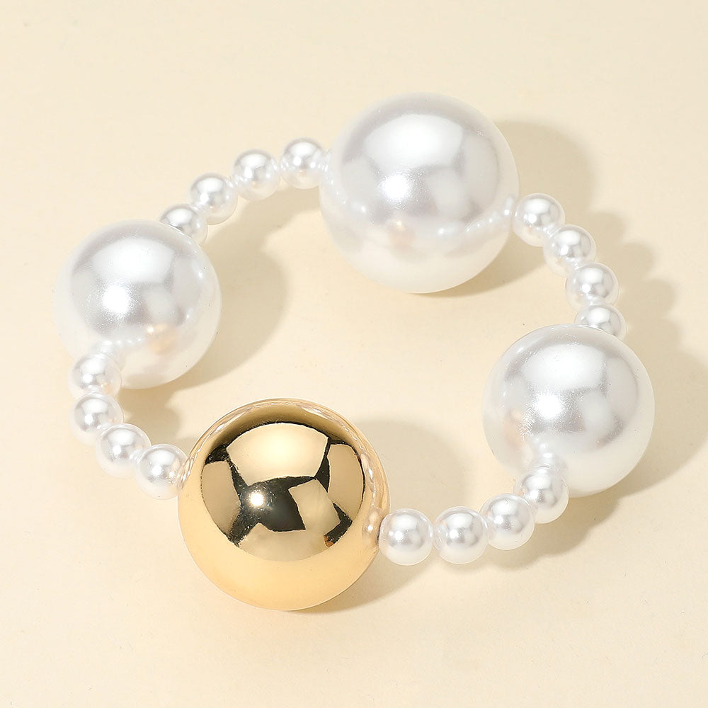 Madeline Love Gold Alternating Metal Pearl Beaded Stretch Statement Bracelet - Bracelets