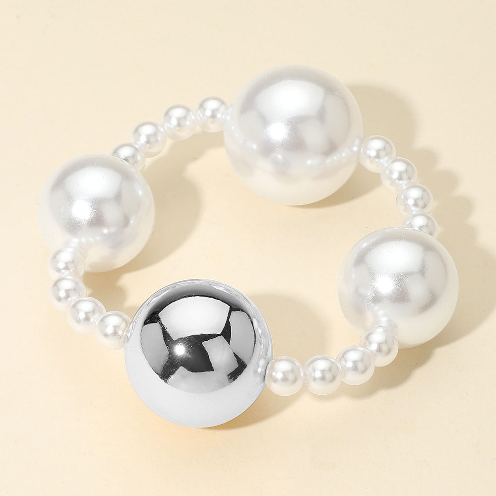 Madeline Love Rhodium Alternating Metal Pearl Beaded Stretch Statement Bracelet - Bracelets