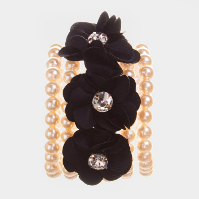 Madeline Love Cream, Black Detachable Flower Pin Brooch Pearl Stretch Bracelet - Bracelets