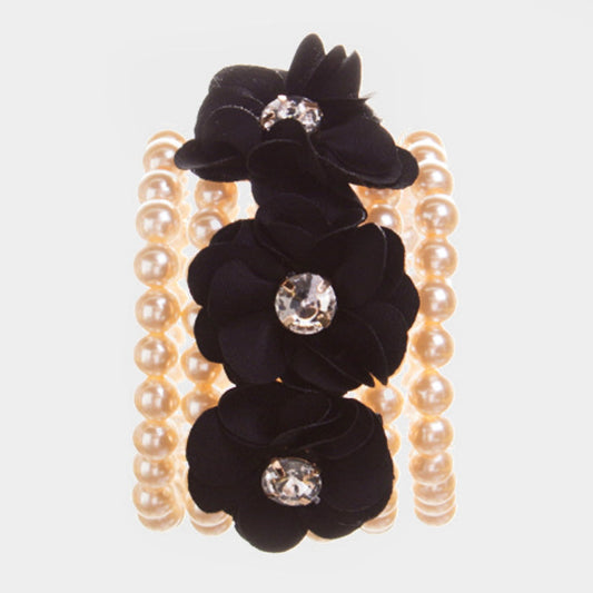 Madeline Love Cream, Black Detachable Flower Pin Brooch Pearl Stretch Bracelet - Bracelets