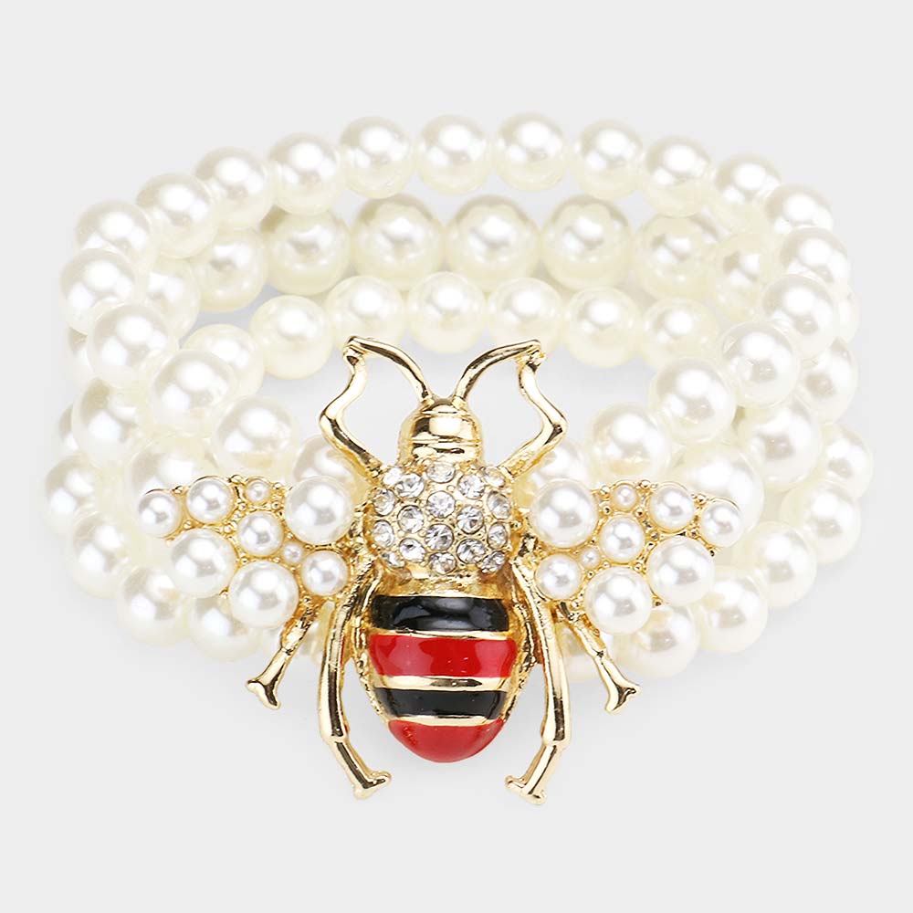 Madeline Love Cream 3Rows Pearl Honey Bee Accented Stretch Bracelet - Bracelets