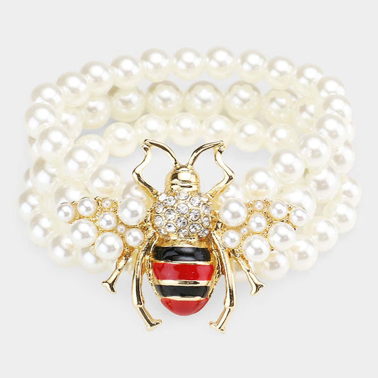 Madeline Love Cream 3Rows Pearl Honey Bee Accented Stretch Bracelet - Bracelets