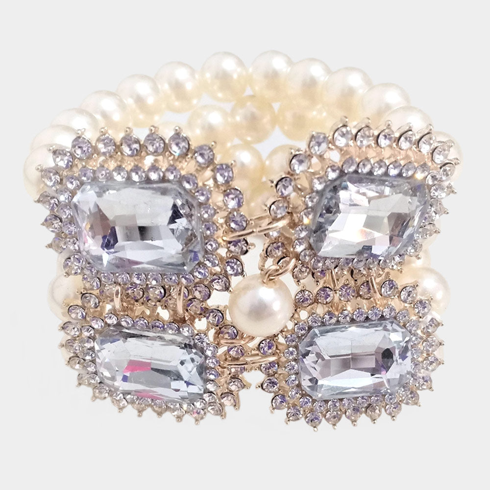 Madeline Love Clear, Cream, Gold Stone Accented Multi Layered Pearl Stretch Bracelet - Bracelets