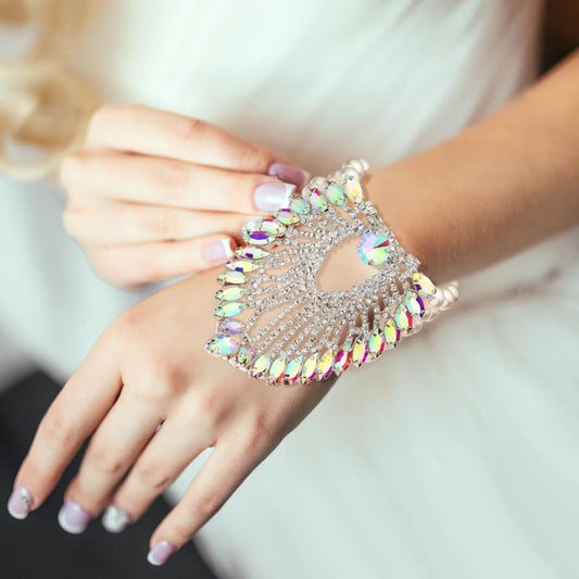 Madeline Love AB, Silver, White Marquise Stone Embellished Pearl Bracelet - Bracelets