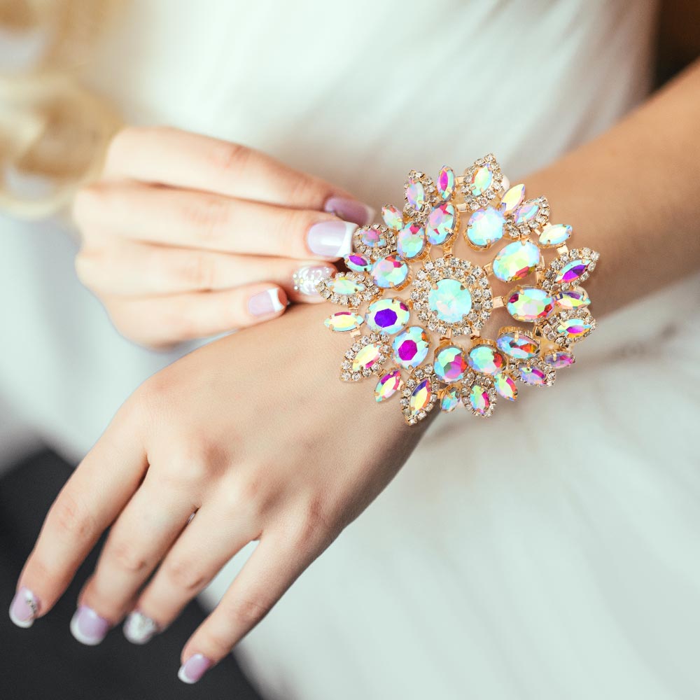 Madeline Love AB, Cream, Gold Round Oval Marquise Stone Embellished Pearl Bracelet - Bracelets