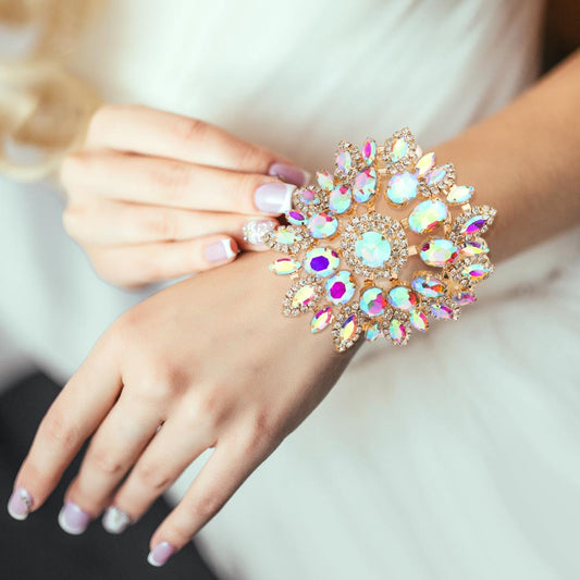 Madeline Love AB, Cream, Gold Round Oval Marquise Stone Embellished Pearl Bracelet - Bracelets
