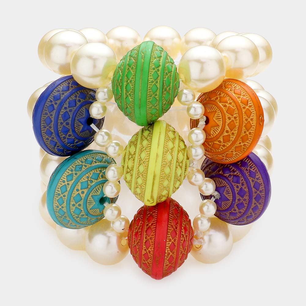 Madeline Love Cream Colorful Wood Pointed Multi Layered Pearl Stretch Bracelet - Bracelets