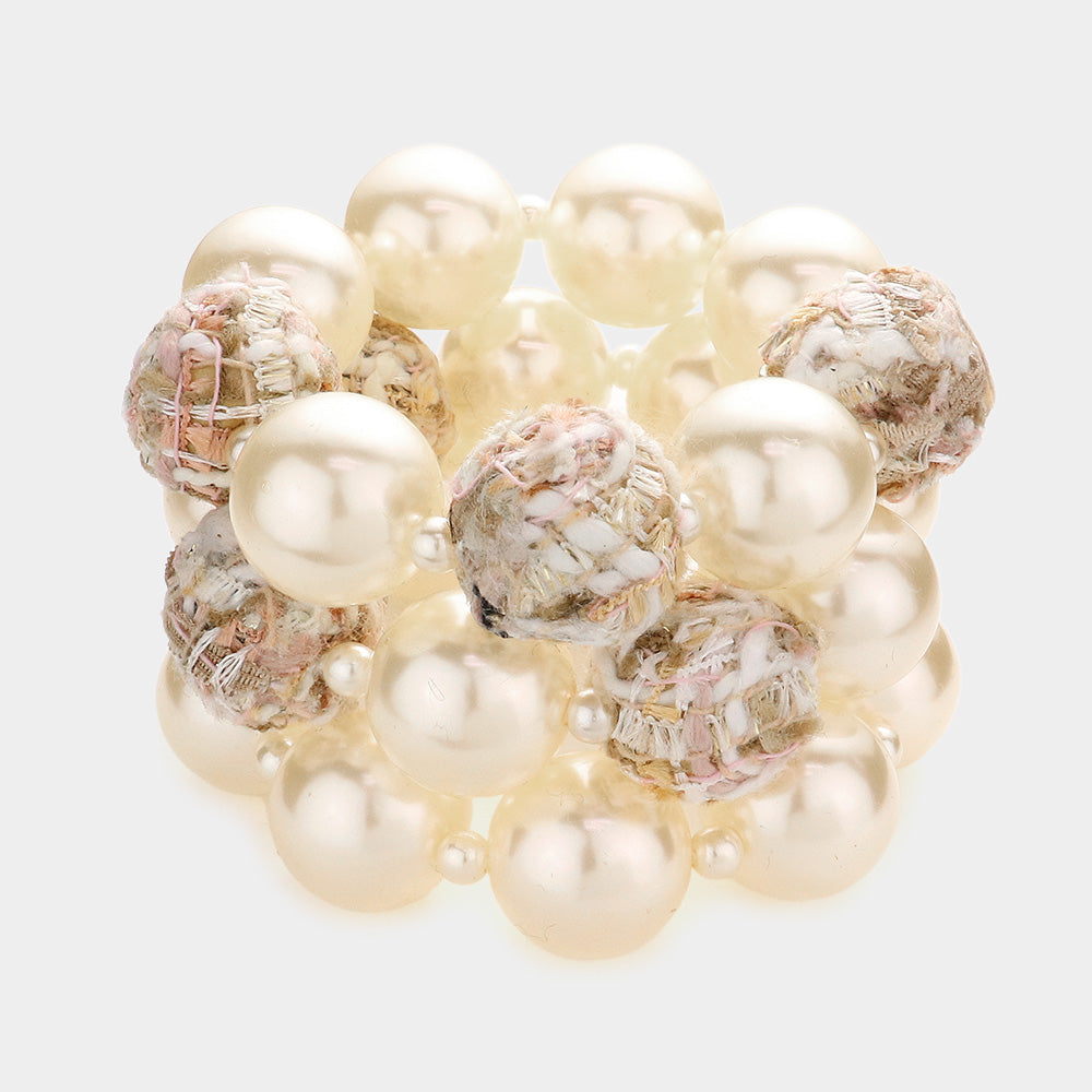 Madeline Love Ivory 3PCS - Tweed Fabric Ball Pearl Stretch Bracelets