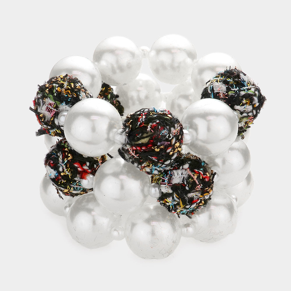 Madeline Love Black 3PCS - Tweed Fabric Ball Pearl Stretch Bracelets