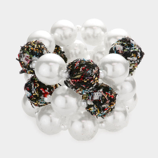 Madeline Love Black 3PCS - Tweed Fabric Ball Pearl Stretch Bracelets