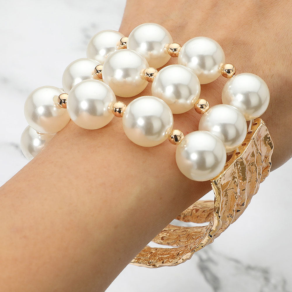 Madeline Love Cream, Gold Multi Strand Pearl Bead Stretch Statement Bracelet - Bracelets