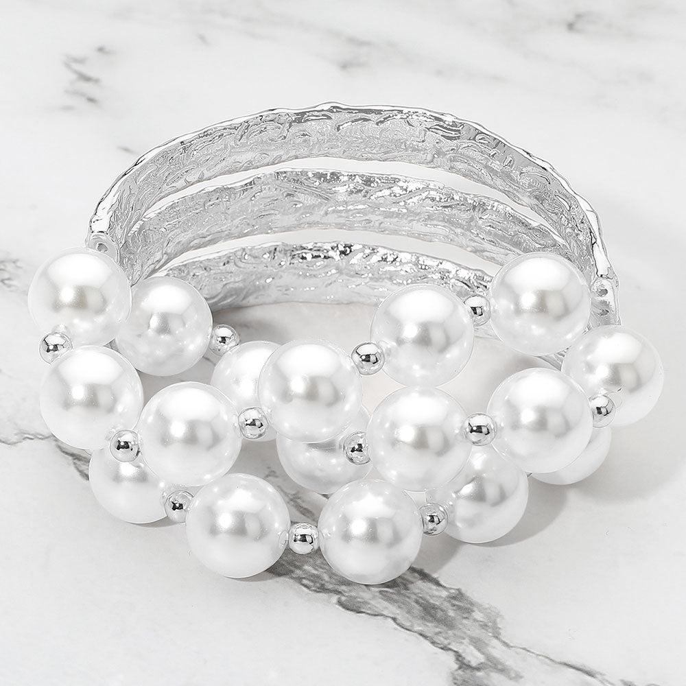 Madeline Love Rhodium, White Multi Strand Pearl Bead Stretch Statement Bracelet - Bracelets