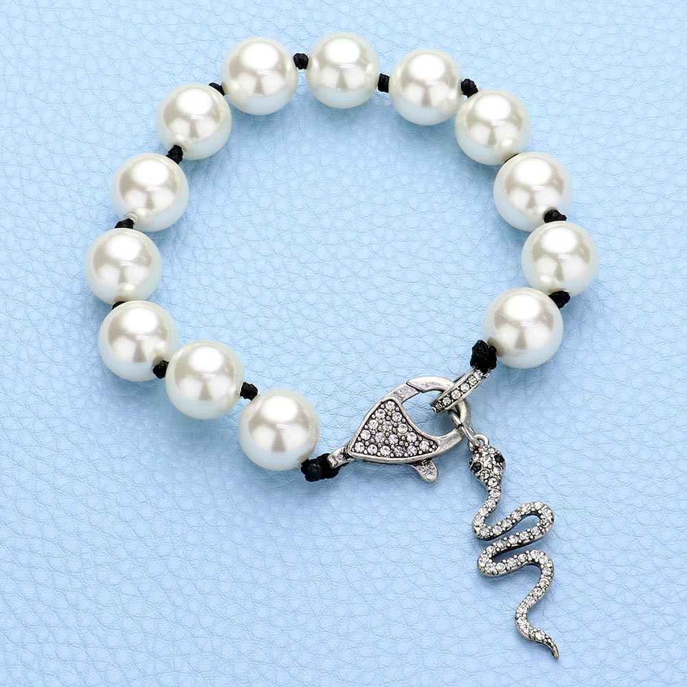 Madeline Love White Pave Snake Pendant Pearl Bracelet - Bracelets