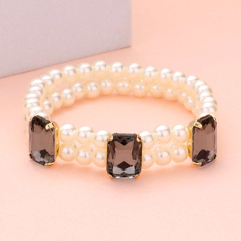Madeline Love Black Diamond Rectangle Stone Accented Pearl Stretch Bracelet - Bracelets