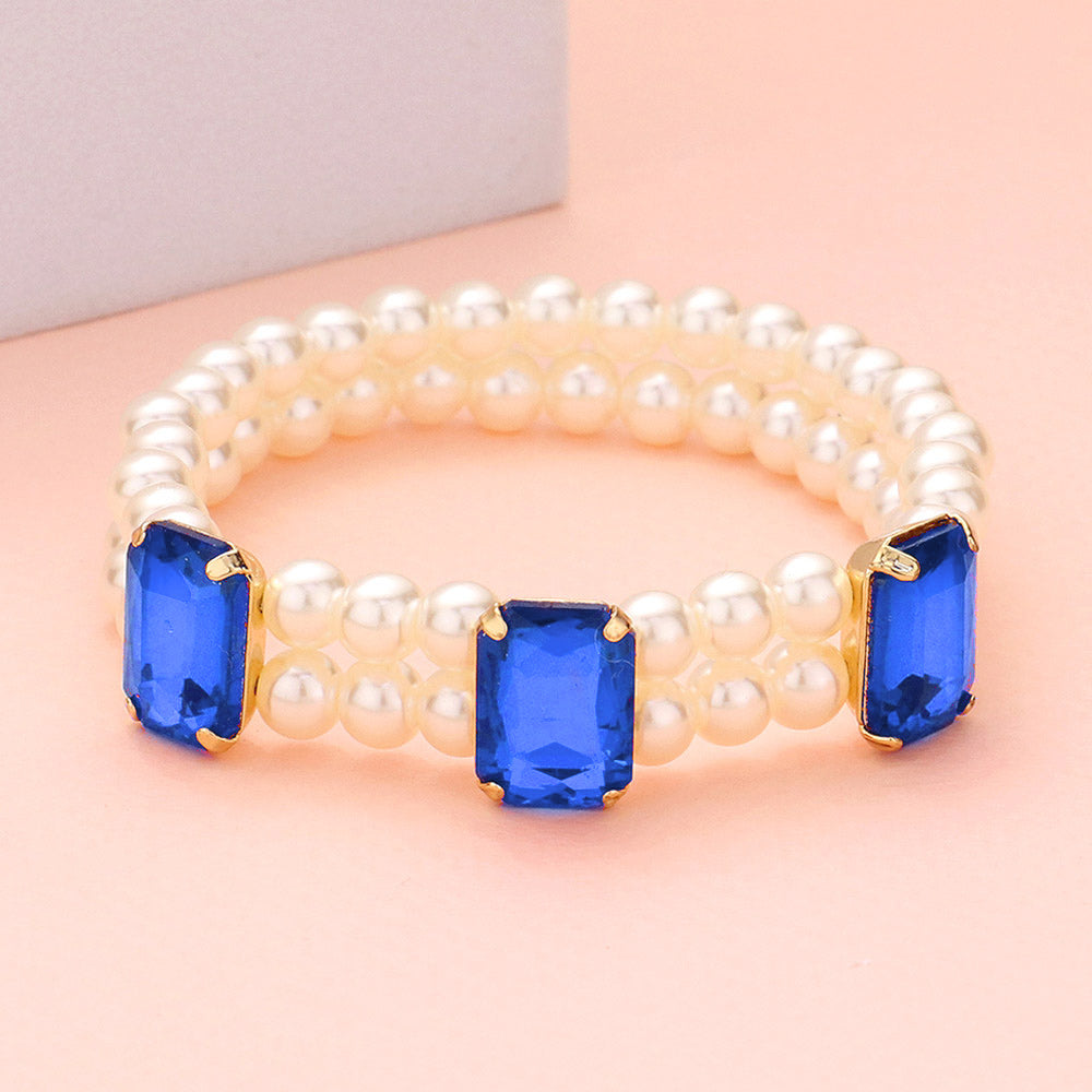 Madeline Love Sapphire Rectangle Stone Accented Pearl Stretch Bracelet - Bracelets