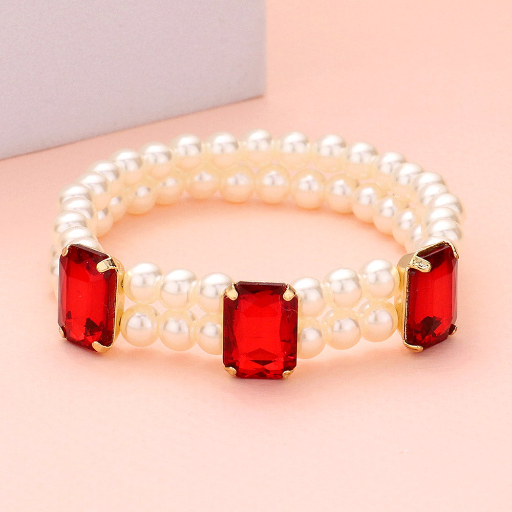 Madeline Love Siam Rectangle Stone Accented Pearl Stretch Bracelet - Bracelets