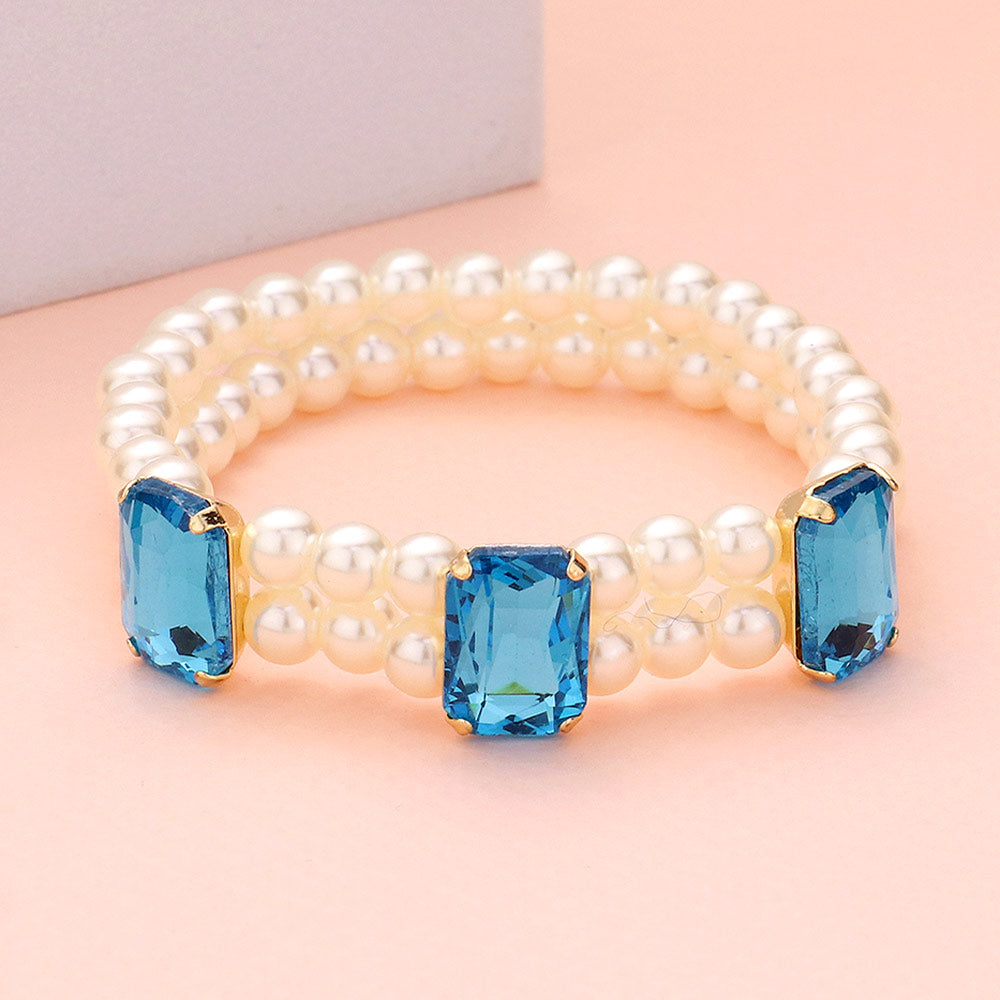 Madeline Love Turquoise Rectangle Stone Accented Pearl Stretch Bracelet - Bracelets