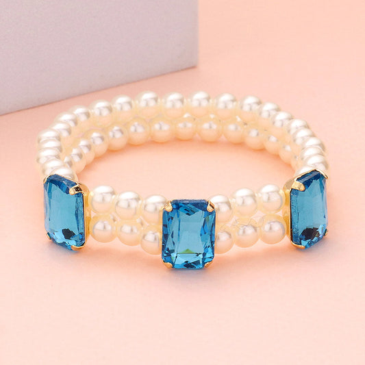 Madeline Love Turquoise Rectangle Stone Accented Pearl Stretch Bracelet - Bracelets