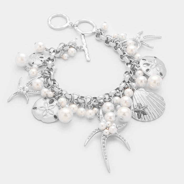 Matte Silver, Rhodium Pearl embellished starfish shell multi charm toggle bracelet