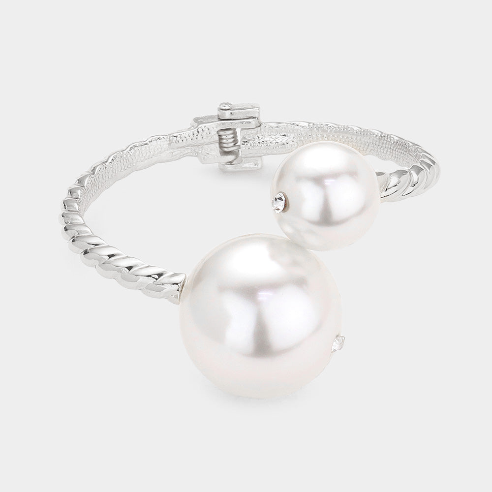 Madeline Love Rhodium, White Pearl Tip Hinged Bracelet - Bracelets