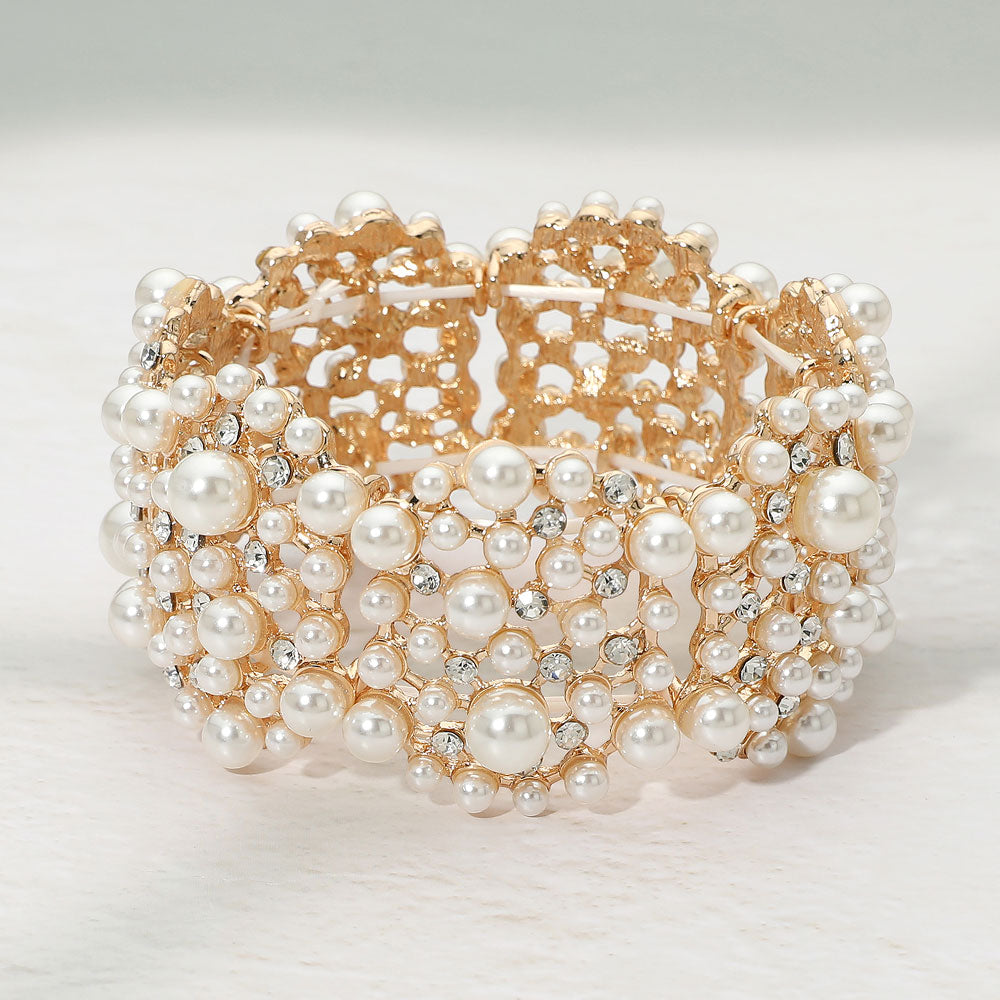 Madeline Love Cream, Gold Pearl Crystal Cluster Beaded Stretch Bracelet