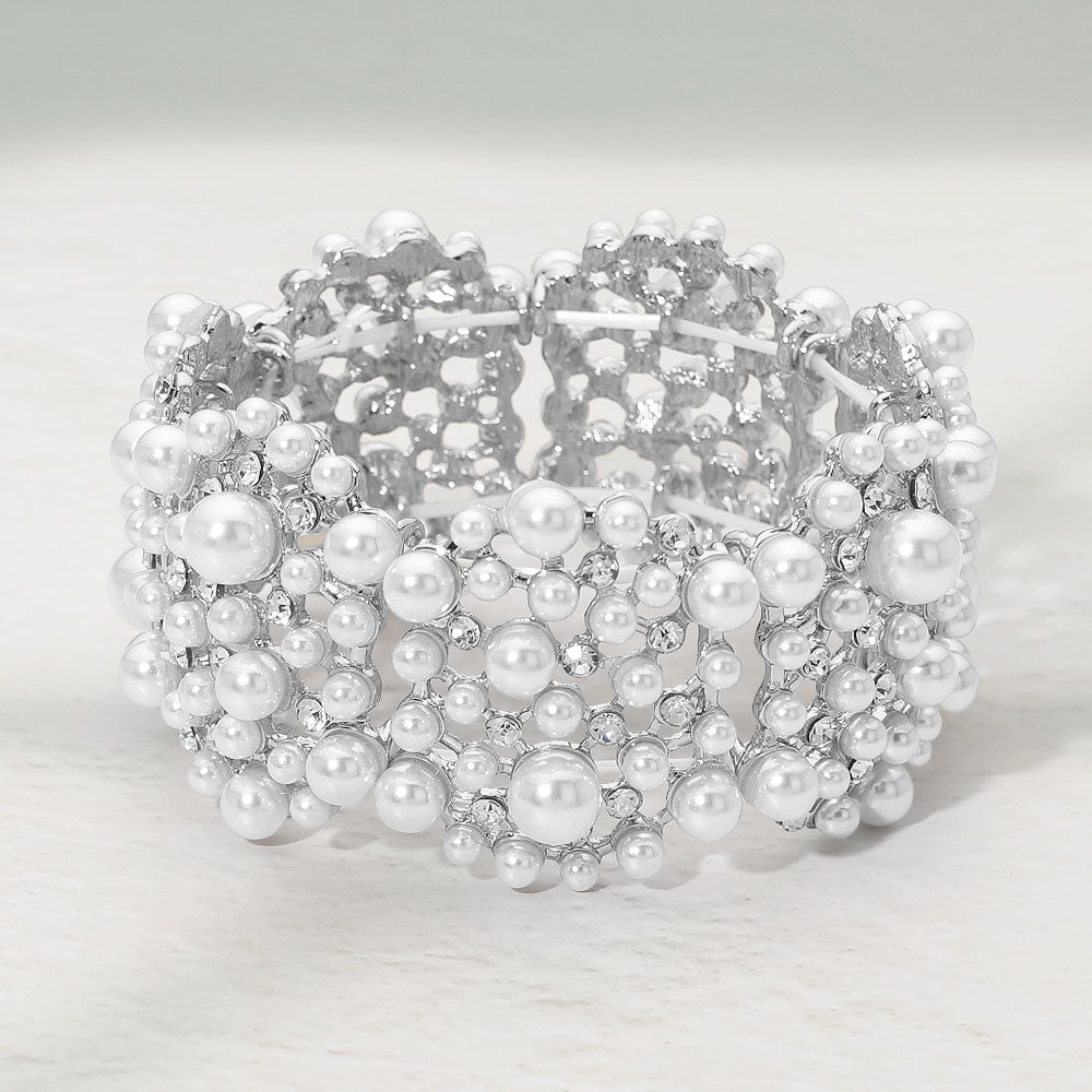 Madeline Love Rhodium, White Pearl Crystal Cluster Beaded Stretch Bracelet