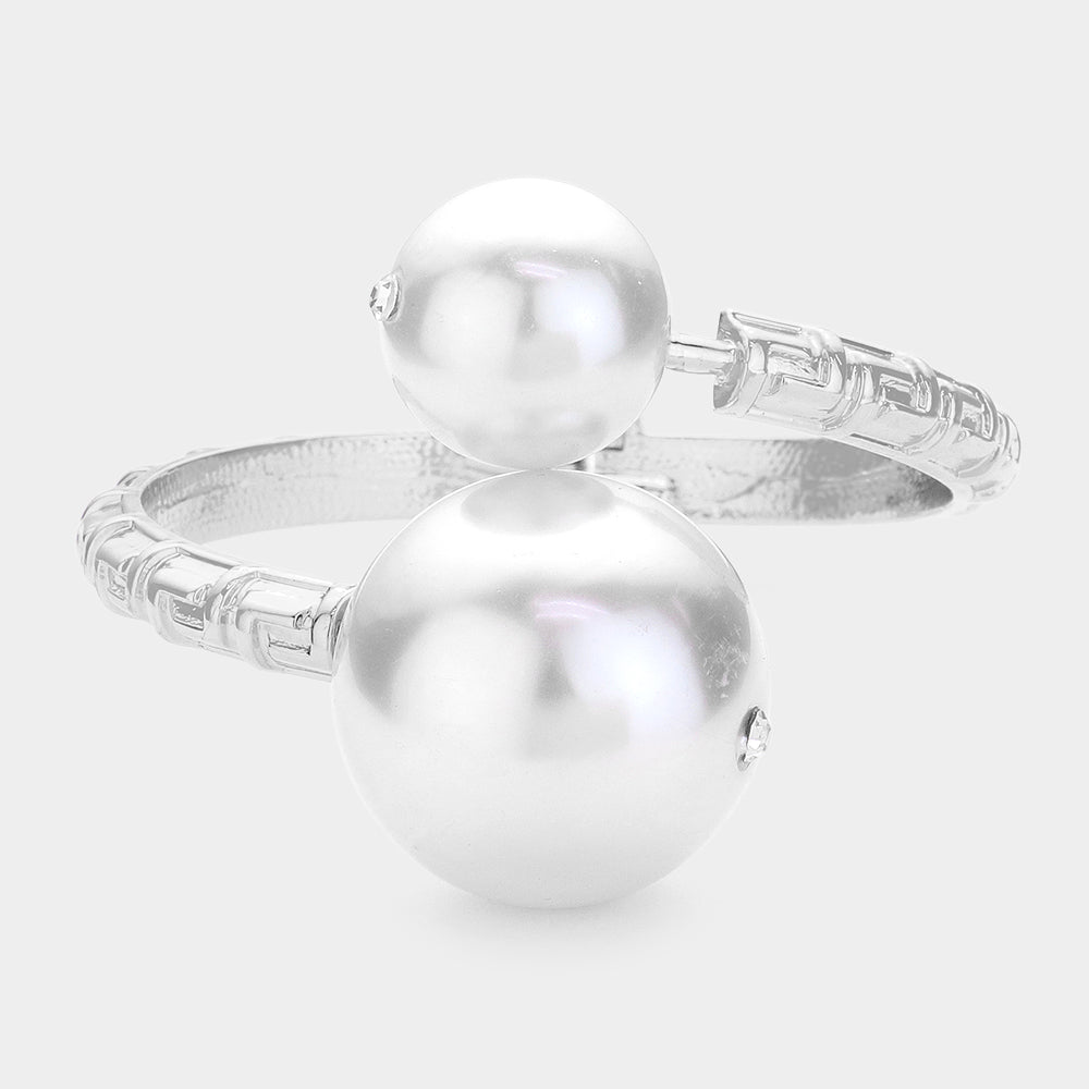 Madeline Love Rhodium, White Pearl Ball Tip Hinged Bangle Bracelet - Bracelets