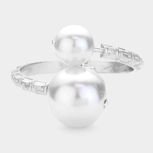 Madeline Love Rhodium, White Pearl Ball Tip Hinged Bangle Bracelet - Bracelets
