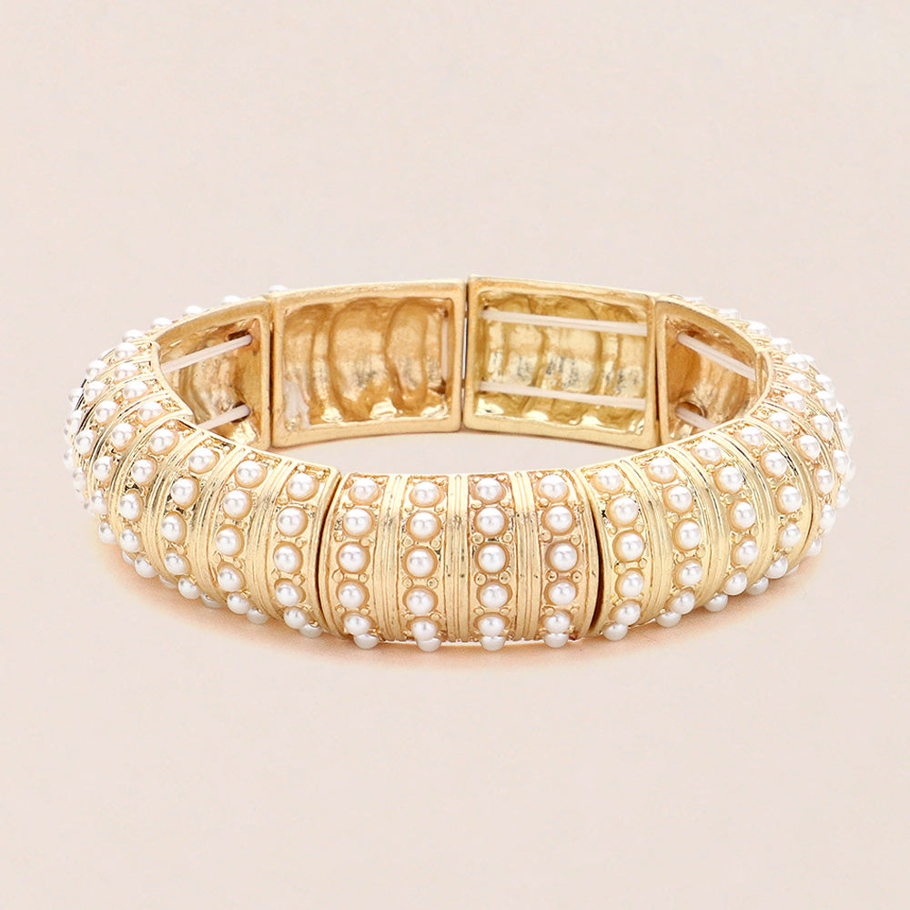 Madeline Love Cream, Worn Gold Pearl Paved Stretch Bangle Bracelet - Bracelets