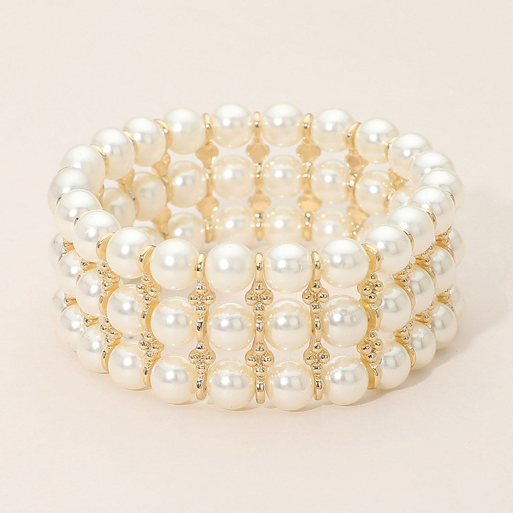 Madeline Love Cream, Gold Wide Pearl Beaded Strand Stretch Bracelet - Bracelets