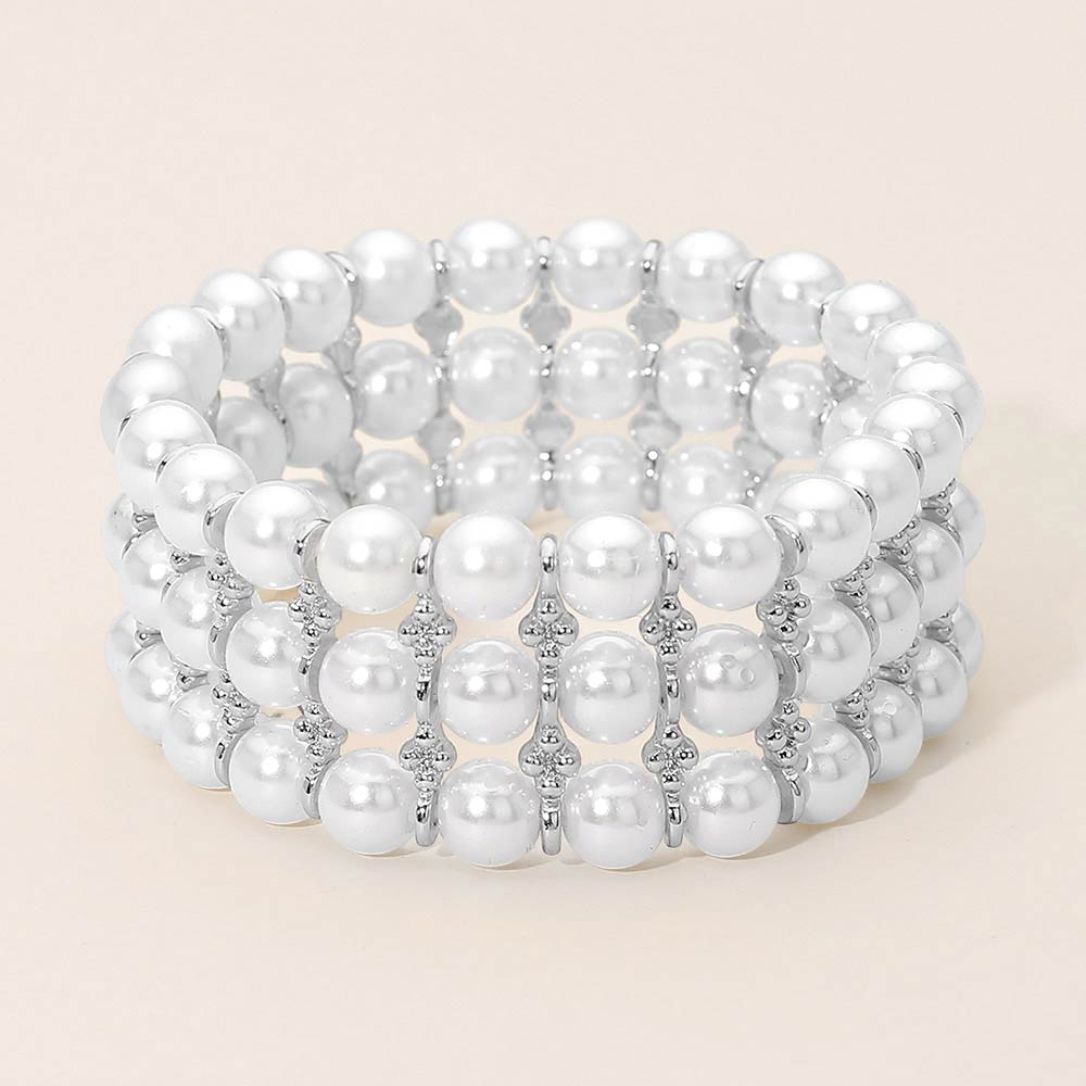 Madeline Love Rhodium, White Wide Pearl Beaded Strand Stretch Bracelet - Bracelets