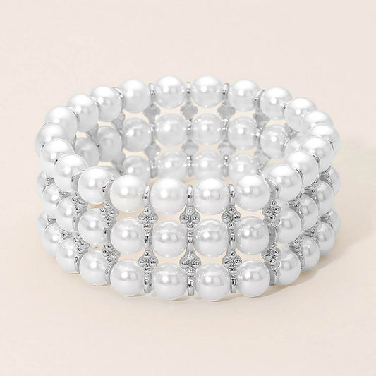 Madeline Love Rhodium, White Wide Pearl Beaded Strand Stretch Bracelet - Bracelets