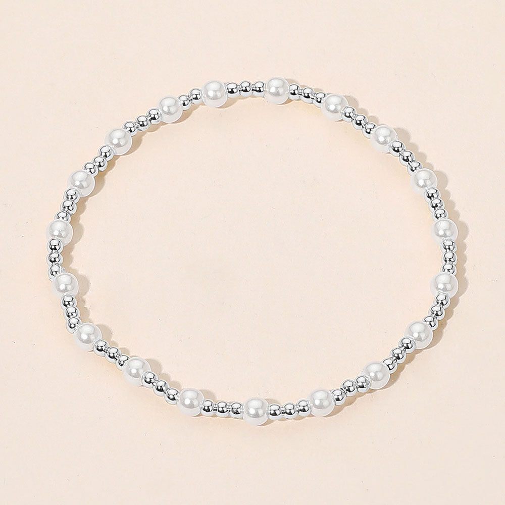 Madeline Love Silver Pearl Accent Stainless Steel Ball Beaded Stretch Bracelet - Bracelets