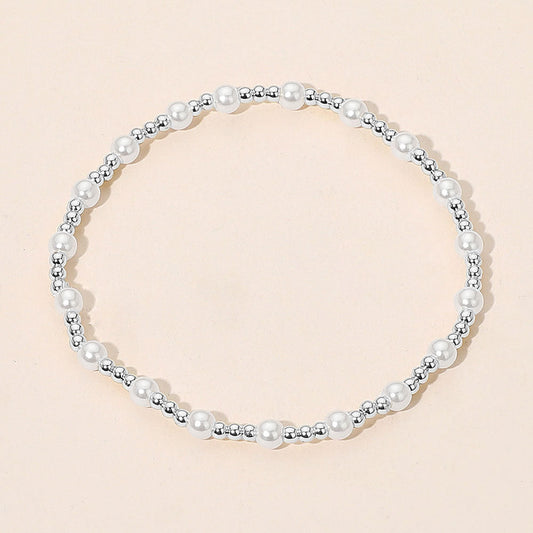 Madeline Love Silver Pearl Accent Stainless Steel Ball Beaded Stretch Bracelet - Bracelets