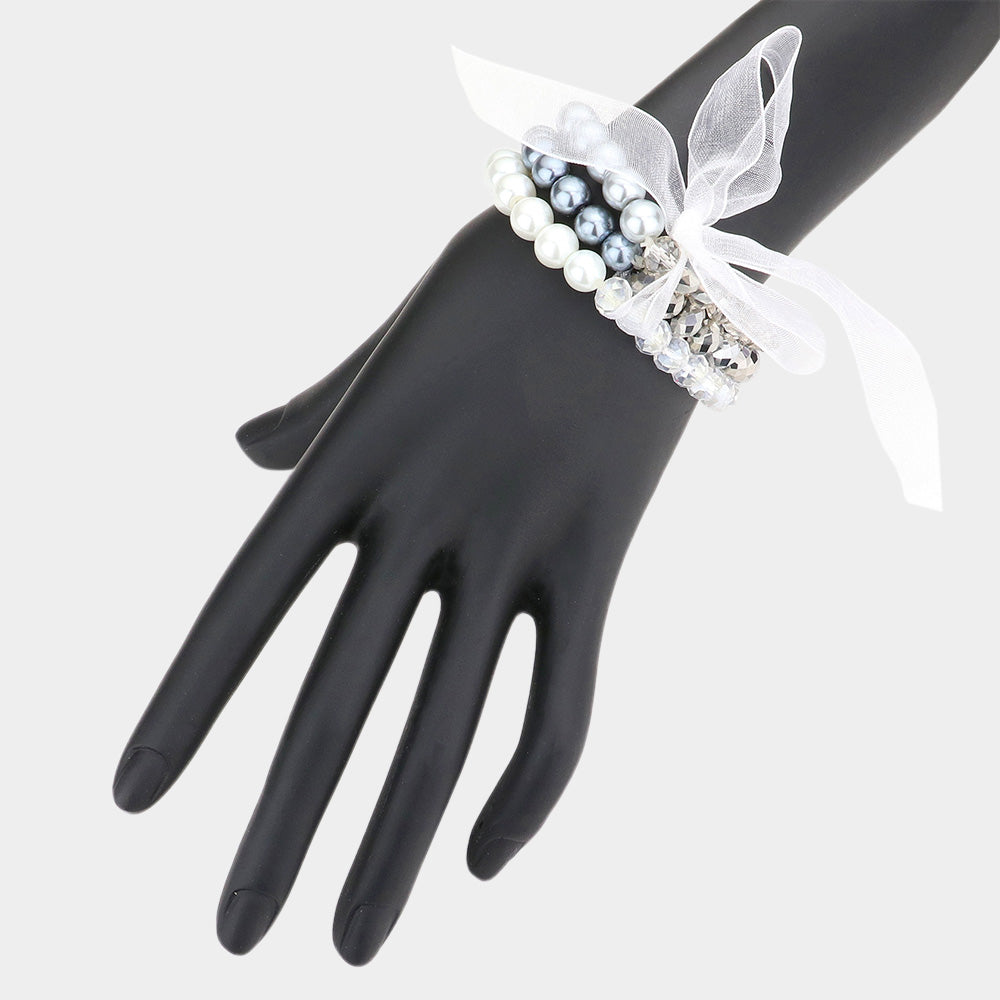 Madeline Love Gray, Silver 3PCS - Glass Bead Accented Pearl Stretch Bracelet - Bracelets