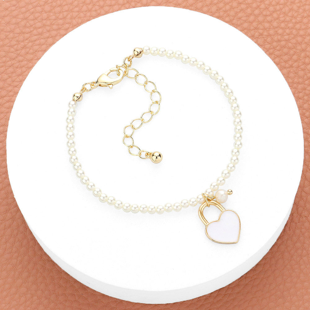 Madeline Love Gold, White Enamel Heart Charm Pendant Pearl Bracelet - Bracelets