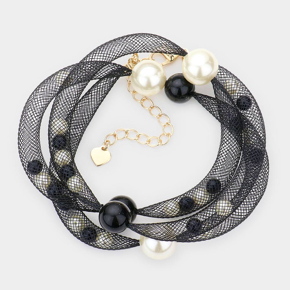 Madeline Love Black, Cream Pearl Accented Mesh Wrap Bracelet - Bracelets