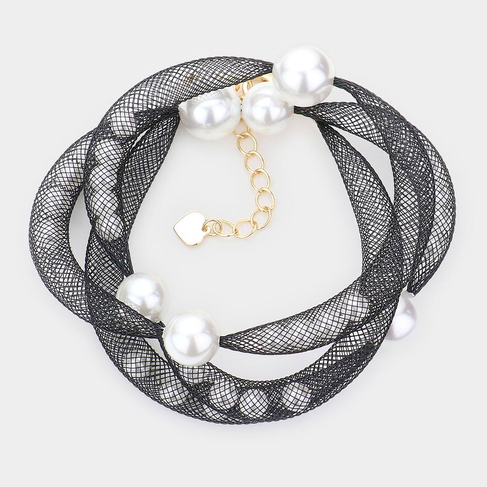 Madeline Love Black, White Pearl Accented Mesh Wrap Bracelet - Bracelets