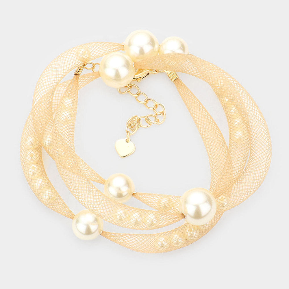 Madeline Love Cream, Gold Pearl Accented Mesh Wrap Bracelet - Bracelets