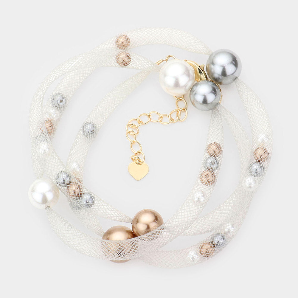 Madeline Love Multi, Silver Pearl Accented Mesh Wrap Bracelet - Bracelets