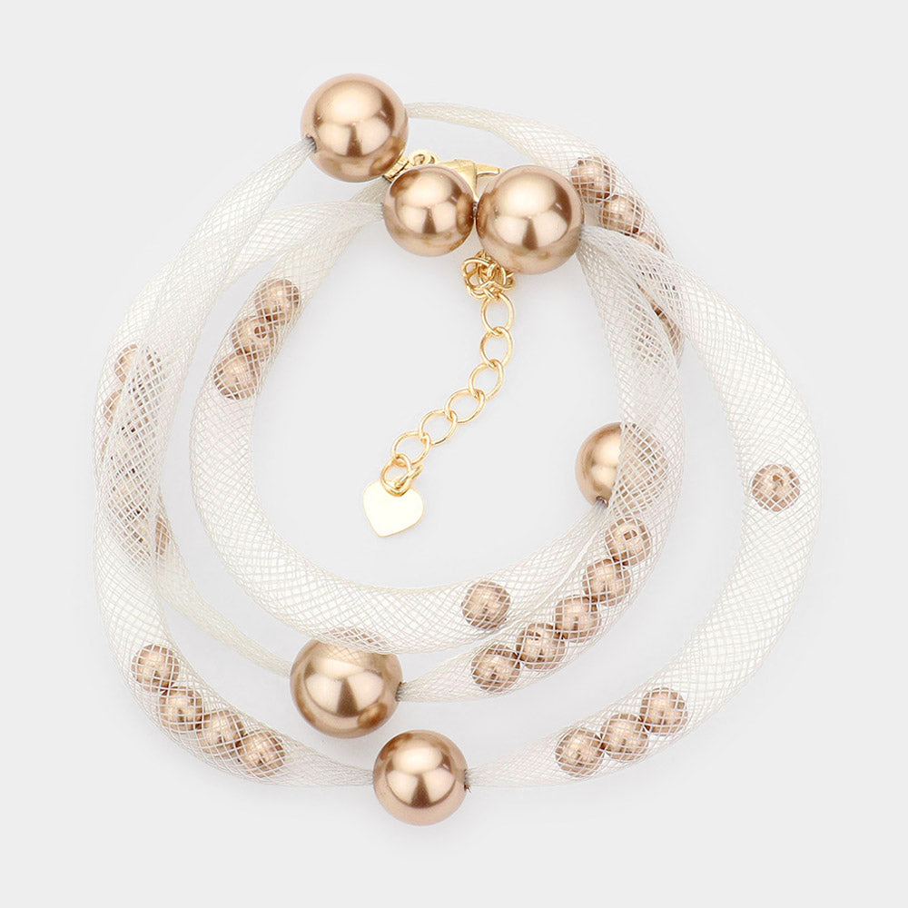 Madeline Love Brown, Silver Pearl Accented Mesh Wrap Bracelet - Bracelets