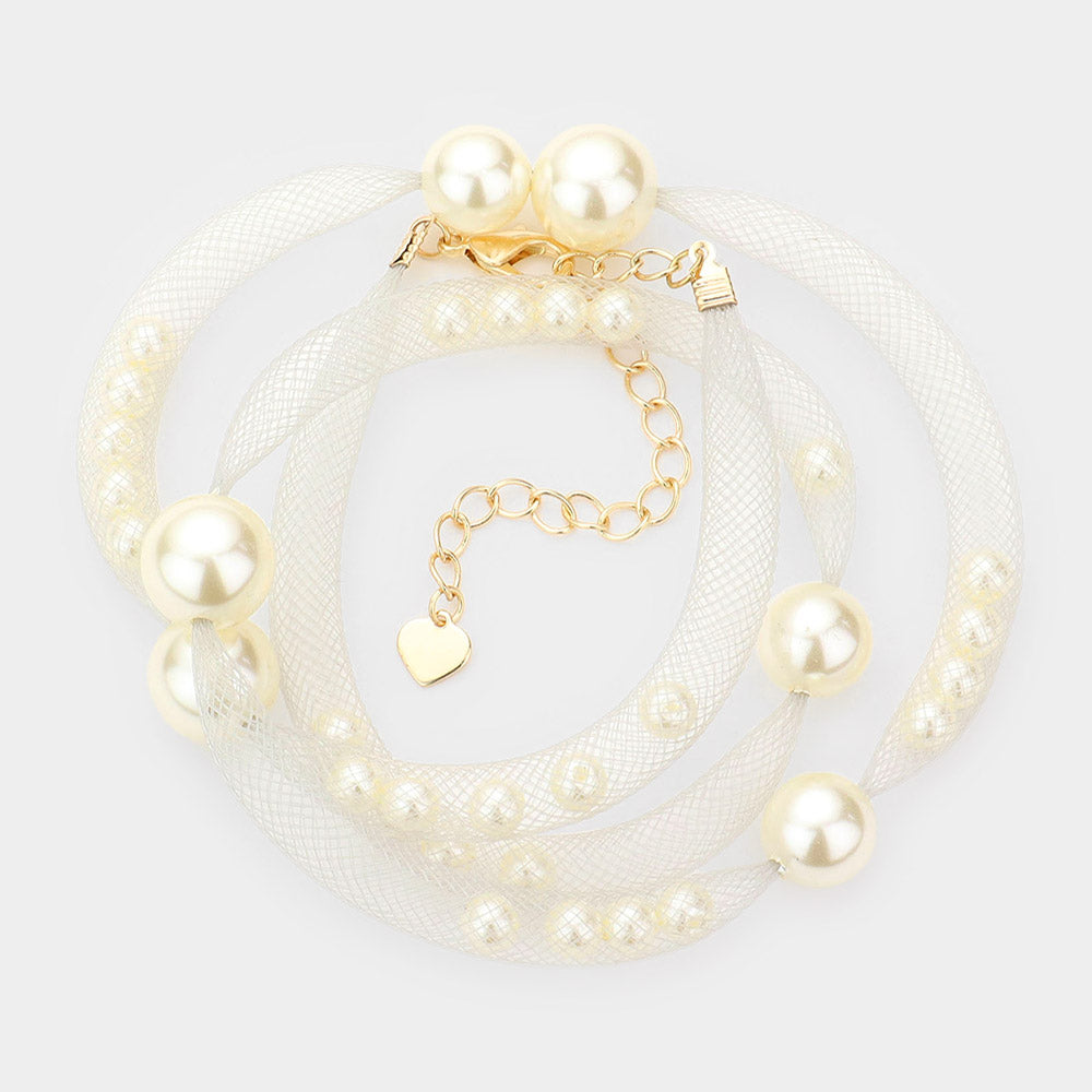 Madeline Love Cream, Silver Pearl Accented Mesh Wrap Bracelet - Bracelets