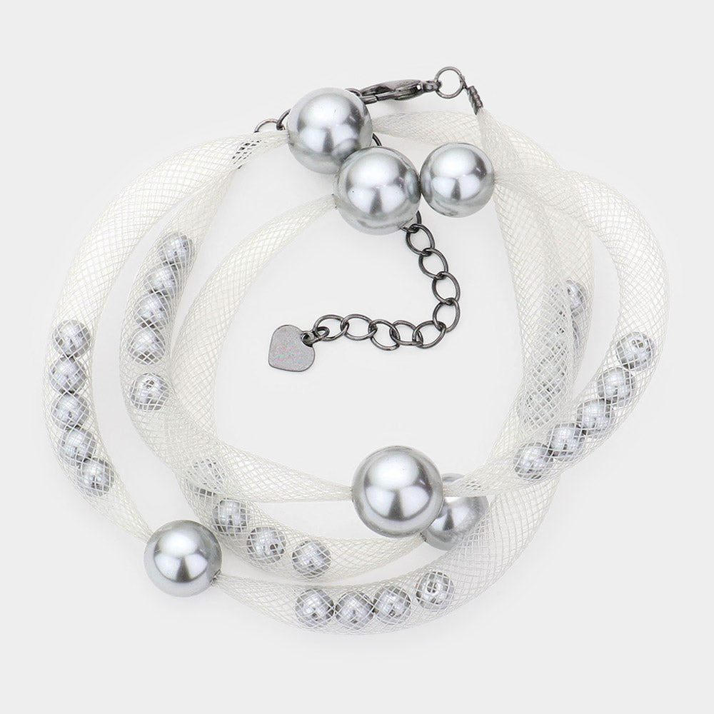 Madeline Love Gray, Silver Pearl Accented Mesh Wrap Bracelet - Bracelets