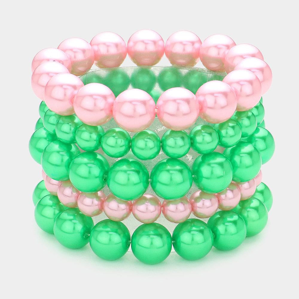 Madeline Love Pink&Green 5PCS - Pearl Multi Layered Stretch Bracelets