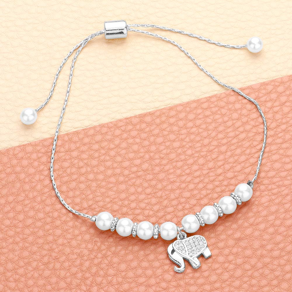 Madeline Love Rhodium, White CZ Stone Paved Elephant Charm Pearl Beaded Cinch Pull Tie Adjustable Bracelet - Bracelets