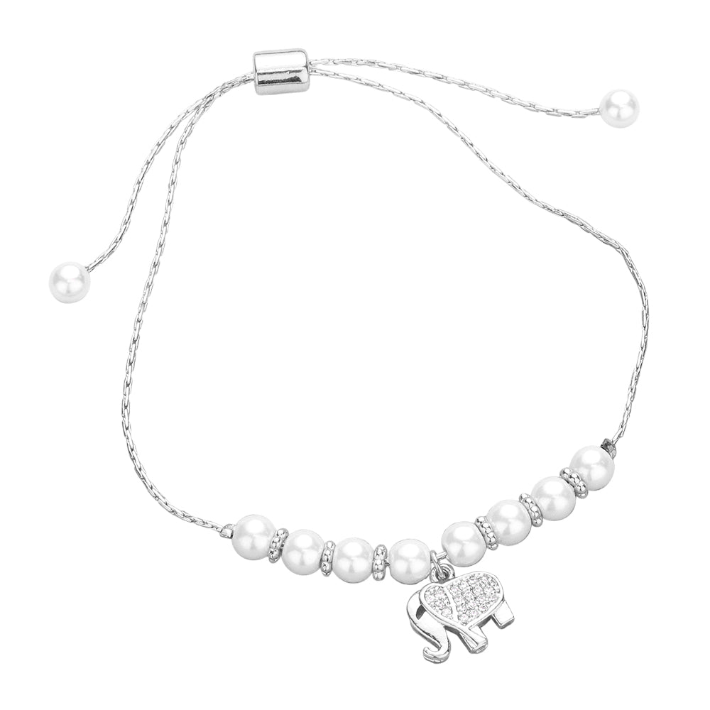Madeline Love Rhodium, White CZ Stone Paved Elephant Charm Pearl Beaded Cinch Pull Tie Adjustable Bracelet - Bracelets - desc